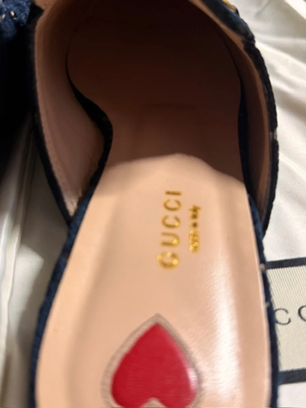 Gucci Navy Velvet GG Logo Backless Loafers with Gold Horsebit